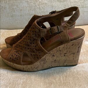 Jellypop Women's Brown Suede Wedge Sandals with Cutout Detail